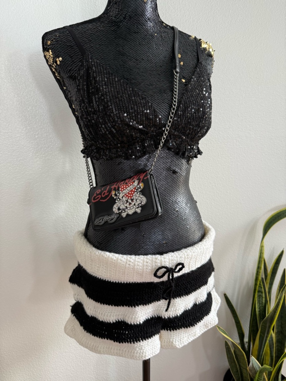 Black & White Striped Handmade Crochet Open Knit Foldover Shorts